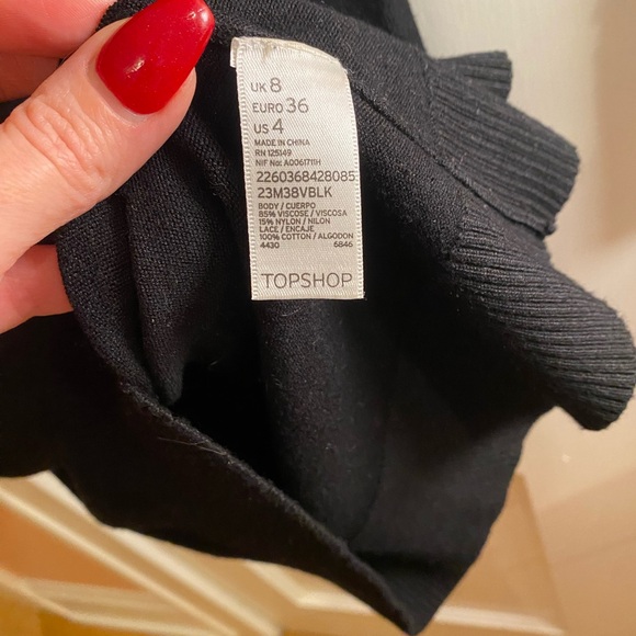 TOPSHOP Black knit sweater dress with deep V neck plus Lace and Pearl trim SZ 4 - Picture 5 of 5